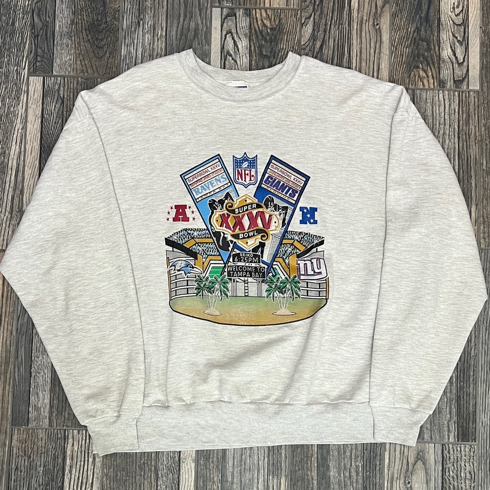 🔥🏈 Vintage NFL Super Bowl XXXV Giants vs Ravens Graphic Crewneck Sweatshirt Sz L